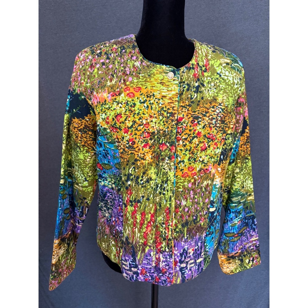 Carrie Allen Quilted Jacket Impressionist Floral Garden Print Multi Color SZ Med